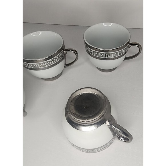 Greek Key Silver Trim Tea Cups White With Silver Trim Set of 4 Tea Cups. - Picture 7 of 10